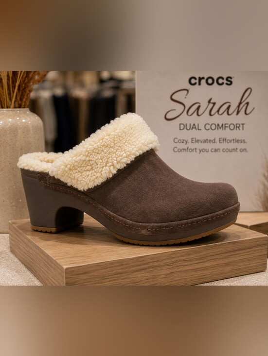 CROCS Shoes - Crocs NWOB Sarah Dual Comfort Brown Suede Faux Fur Lined Heeled Clogs Women’s 9